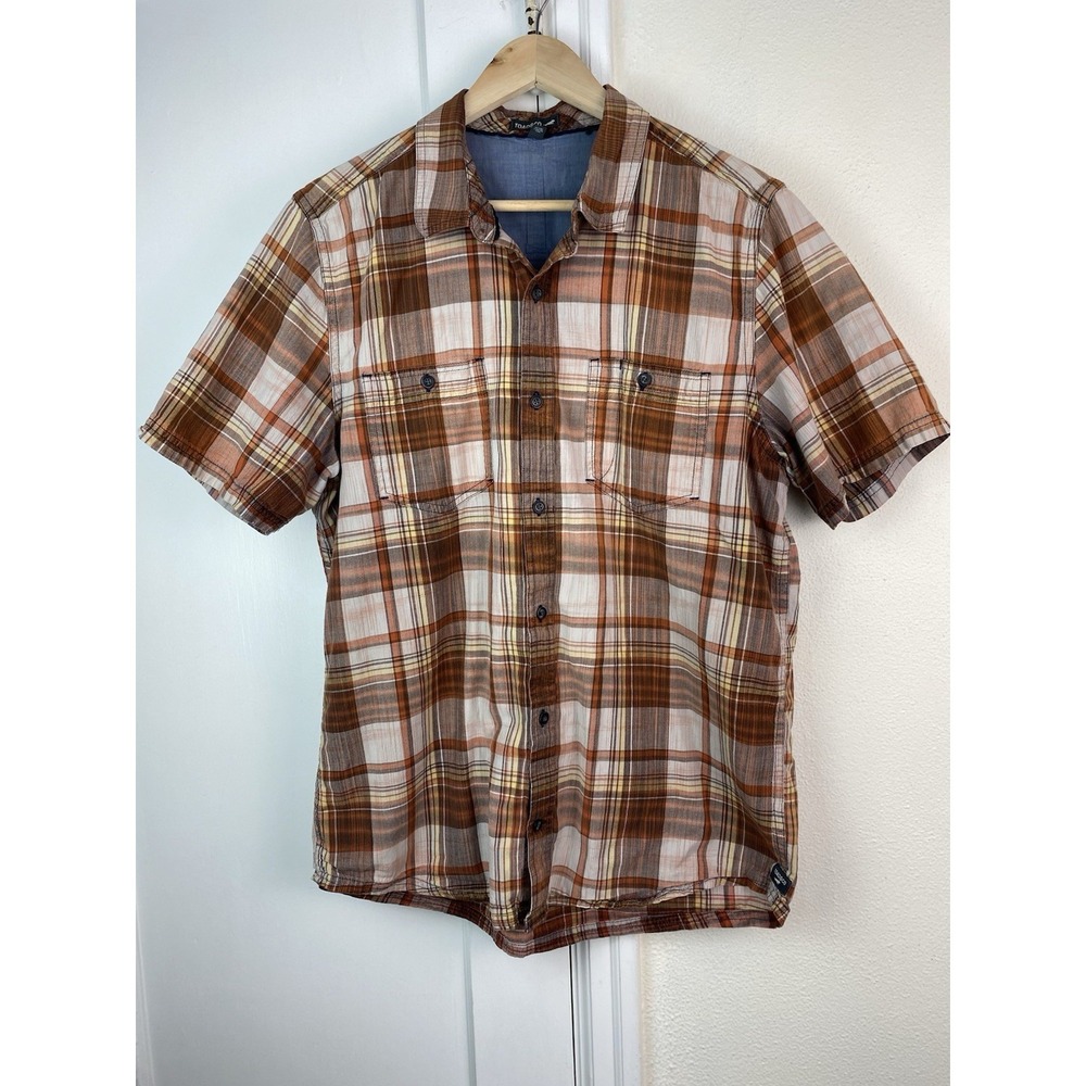 Toad & Co. Men's L Brown Plaid 100% Organic Cotton Short Sleeve Button Up Shirt